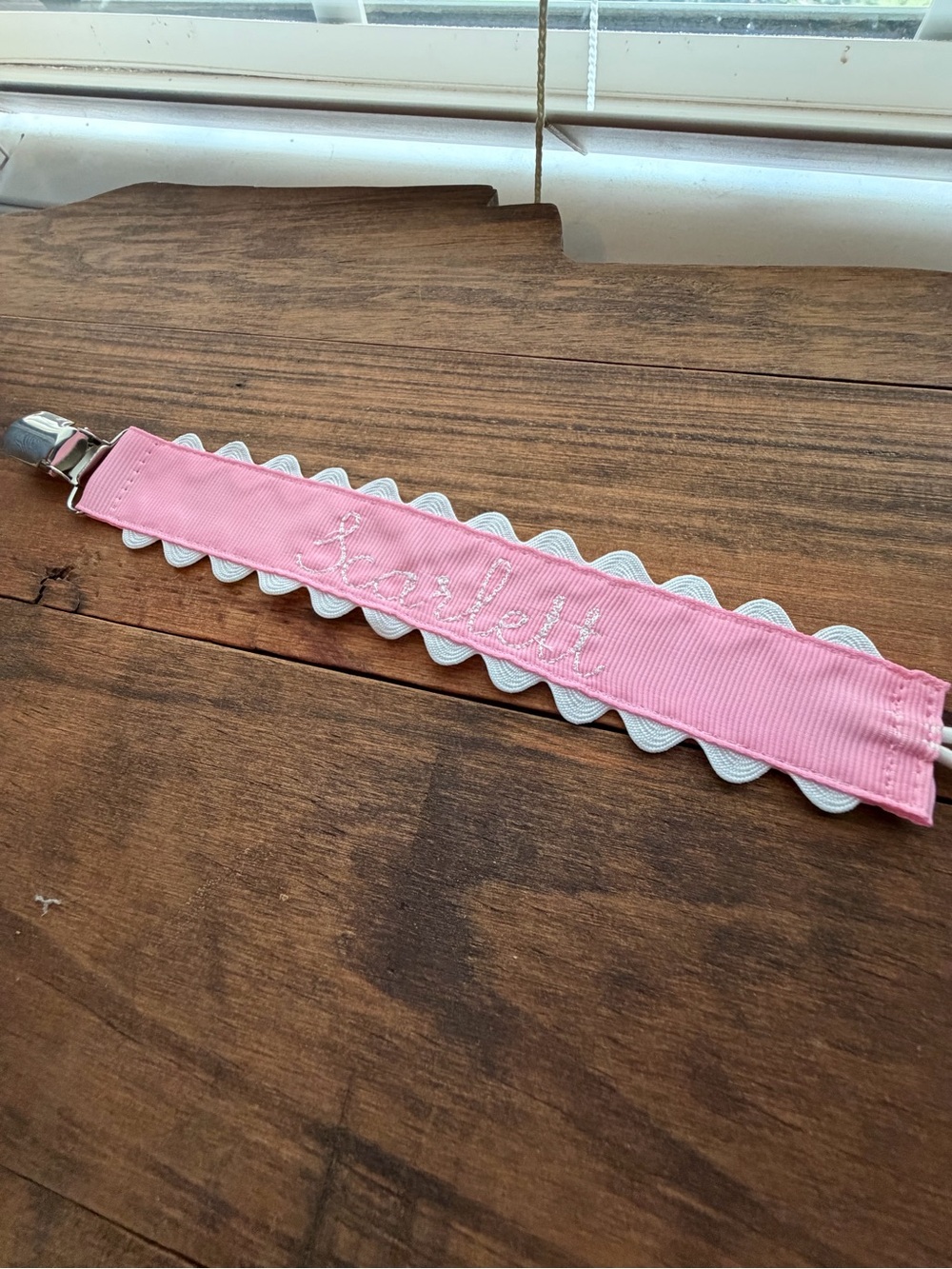 Personalized Pink Pacifier Clip with White Ruffle - Scarlett